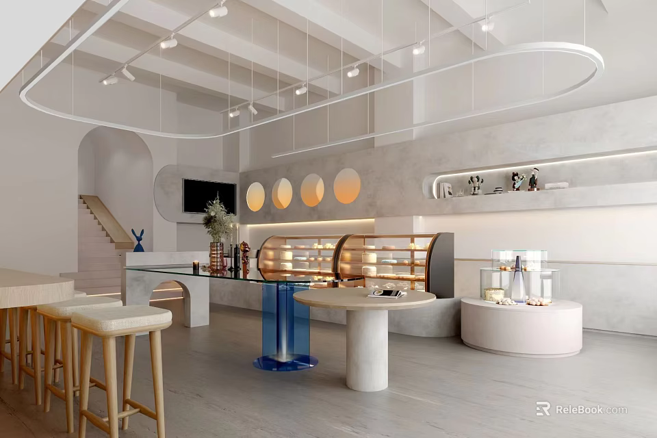 Modern Dessert Shop Interior With Open Layout Display Case And Circular Decorative Lights 3d model