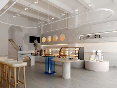 Modern Dessert Shop Interior With Open Layout Display Case And Circular Decorative Lights 3d model