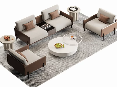 Modern Sofa Coffee Table Set With Beige Upholstery Round White Table Decorative Pillows 3d model