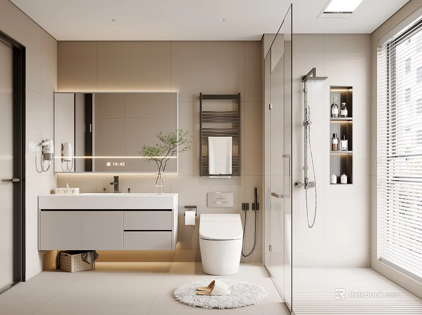 Modern Bathroom Interior Design With Vanity Toilet Glass Shower Partition Mirror Plant And Light Cabinets 3d model 