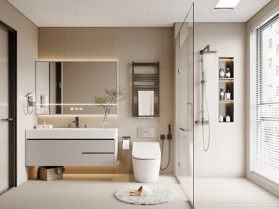 Modern Bathroom Interior Design With Vanity Toilet Glass Shower Partition Mirror Plant And Light Cabinets 3d model