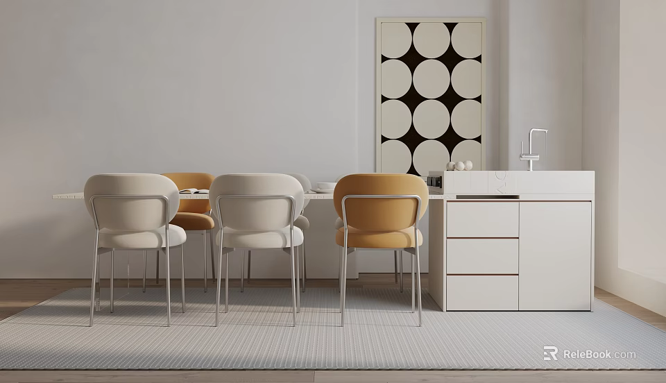 Modern Dining Table Set With White And Orange Chairs White Cabinet And Circular Wall Art 3d model 