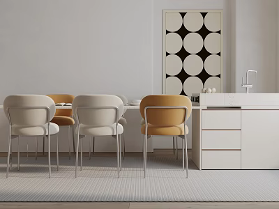 Modern Dining Table Set With White And Orange Chairs White Cabinet And Circular Wall Art 3d model