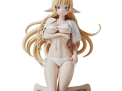Anime Elf Girl Figure With Long Blonde Hair Wearing Bikini And Cardigan In Kneeling Pose 3d model