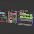 Three Vintage Metal Shelves With Books Boxes And Folded Fabrics Displayed