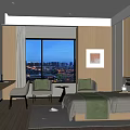Modern Hotel Room With Wooden Walls Floors King Bed Green Bedding And Window Chairs