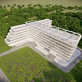 Modern White Multi Story Building Exterior With Green Lawn And Purple Flowers