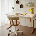 Cozy Study Workspace With White Desk And Wheeled Chair Open Notebook Yellow Lamp