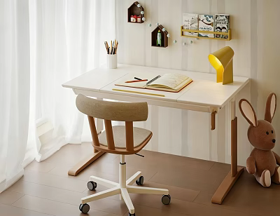 Cozy Study Workspace With White Desk And Wheeled Chair Open Notebook Yellow Lamp 3d model