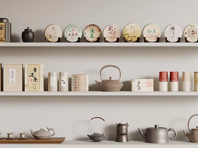 Traditional Tea Set Display With Teapots Cups And Round Containers On Shelves 3d model