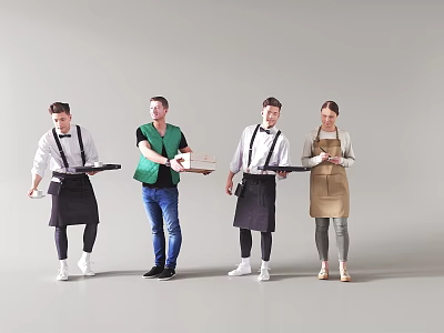 Group of Four People Wearing Aprons Carrying Trays Standing Together Casually 3d model