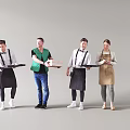 Group of Four People Wearing Aprons Carrying Trays Standing Together Casually