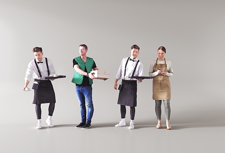 Modern character waiters, food passers, supermarket waiters, multi-person restaurant waiters 3d model