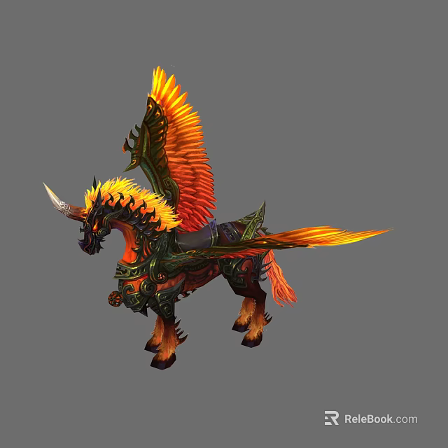 Detailed Fantasy Winged Creature with Fiery Orange Mane Horn and Black Armor 3d model 