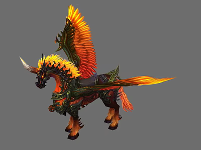 Detailed Fantasy Winged Creature with Fiery Orange Mane Horn and Black Armor 3d model