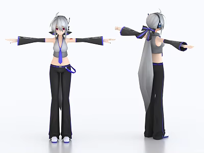 Anime Style 3D Game Movie Character With Long Gray Hair Black Pants And Blue Accents 3d model