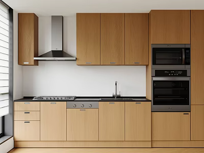 Modern Kitchen With Wooden Cabinets Stove Sink Oven And Range Hood 3d model