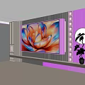 Modern TV Background Wall with Vibrant Lotus Pattern Painting Round Mirror and Green Plant