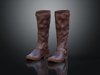 Classic Brown Leather Long Boots with Buckle Strap Design and Smooth Finish 3d model