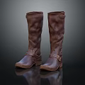Classic Brown Leather Long Boots with Buckle Strap Design and Smooth Finish