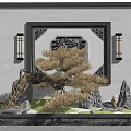 Chinese Style Scenic Wall With Carved Pattern Pine Tree Stones And Lanterns 3d model