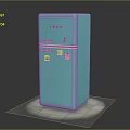 Turquoise Vintage Refrigerator With Stickers On Door And Illuminated Standalone Base