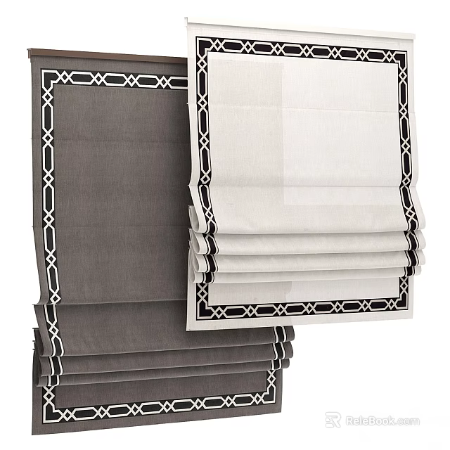 Gray And White Curtains With Black Geometric Border And Linen Fabric Design 3d model 