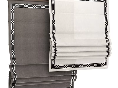 Gray And White Curtains With Black Geometric Border And Linen Fabric Design 3d model