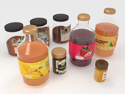 Fresh Fruit Juice With Orange Strawberry Mango Flavors In Bottled And Jarred Drinks 3d model