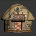 Traditional Yurt with Decorative Patterns Rolled Door Curtain and Circular Top in Scenic Landscape
