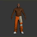 Shirtless Muscular Man with Bald Head and Beard Wearing Orange Pants and White Shoes