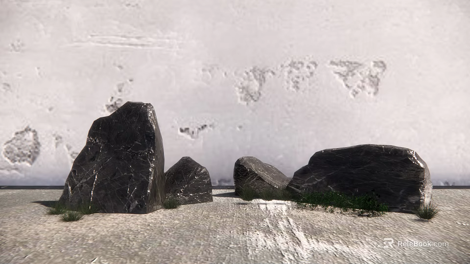 Black Stones On Gray Ground With White Wall And Green Grass 3d model 