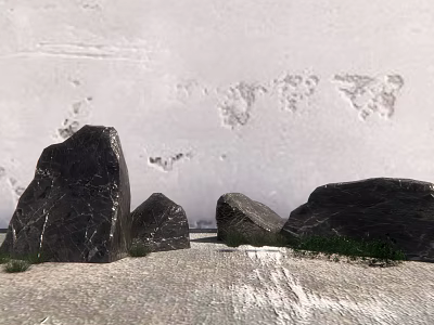 Black Stones On Gray Ground With White Wall And Green Grass 3d model
