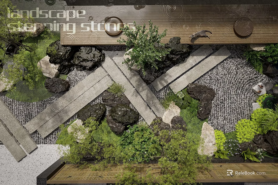 Garden Landscape Design with Terracing Stones Green Plants Wooden Paths and Pebble Paving 3d model 
