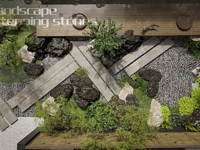 Garden Landscape Design with Terracing Stones Green Plants Wooden Paths and Pebble Paving 3d model