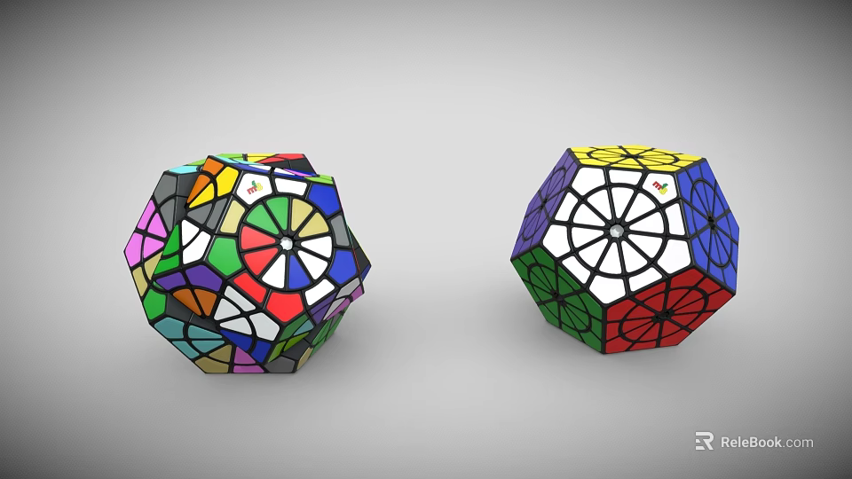 Two Intricate Colorful Geometric Polyhedrons With Multicolored Patterns And Black Lines 3d model 