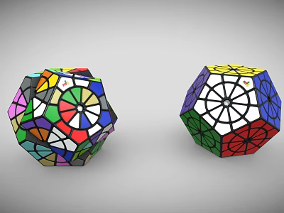 Two Intricate Colorful Geometric Polyhedrons With Multicolored Patterns And Black Lines 3d model