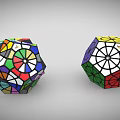 Two Intricate Colorful Geometric Polyhedrons With Multicolored Patterns And Black Lines