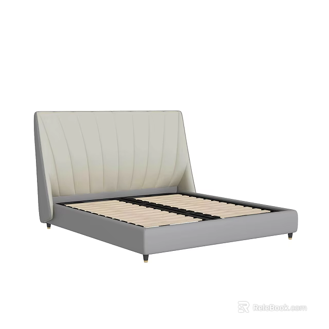 Modern Upholstered Double Bed With Padded Headboard Stitched Details And Light Gray Frame 3d model 