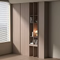 Modern Wooden Bookshelf with Books Decorations Small Lamp and Window Shutters