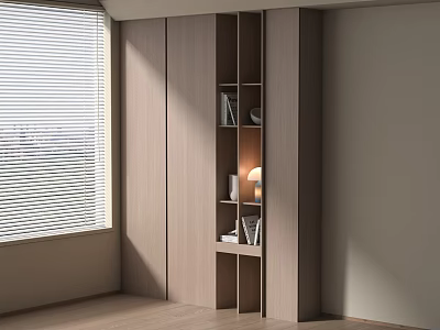 Modern Wooden Bookshelf with Books Decorations Small Lamp and Window Shutters 3d model