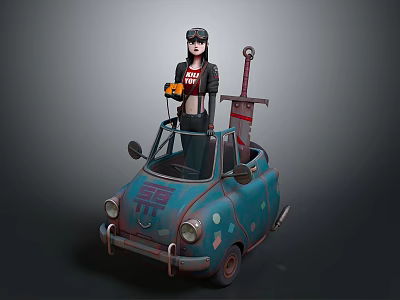 Small Old Blue Car With Female Figure Holding Orange Tool And Long Sword On Roof 3d model