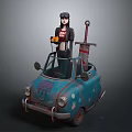 Small Old Blue Car With Female Figure Holding Orange Tool And Long Sword On Roof