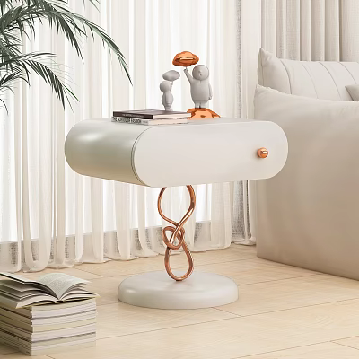 Modern White Bedside Table with Twisted Copper Base and Books Figurines on Top 3d model