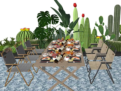 Outdoor Table and Chair Set with Cacti Tropical Plants Food and Drinks 3d model