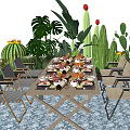 Outdoor Table and Chair Set with Cacti Tropical Plants Food and Drinks