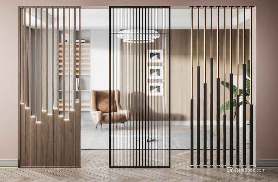 Modern Room Divider With Wooden And Metal Stripes In Interior Space With Armchair And Plant 3d model 