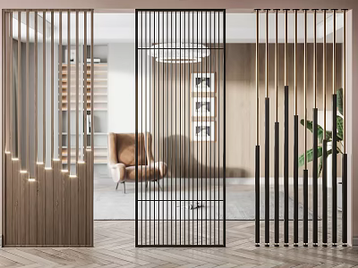 Modern Room Divider With Wooden And Metal Stripes In Interior Space With Armchair And Plant 3d model