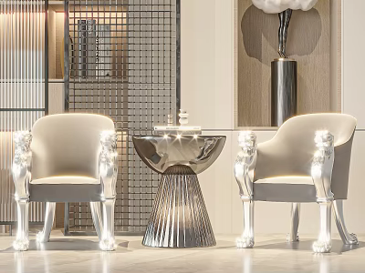 Luxurious Ivory Leisure Chairs With Silver Lion Shaped Legs And Metallic Coffee Table 3d model