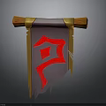 Fantasy Banner Decoration With Wooden Scrolls Purple Fabric Tattered Edges And Red Symbol